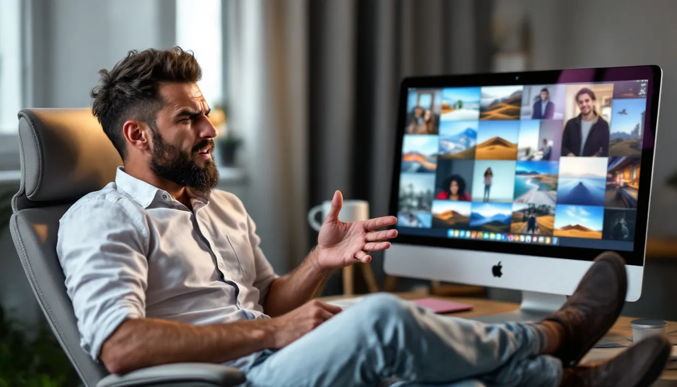 A man is scratching his head while looking at a variety of images displayed on his Mac, contemplating the best options for creating a professional website. The scene suggests a moment of decision-making, possibly related to selecting templates or features for his own online store.