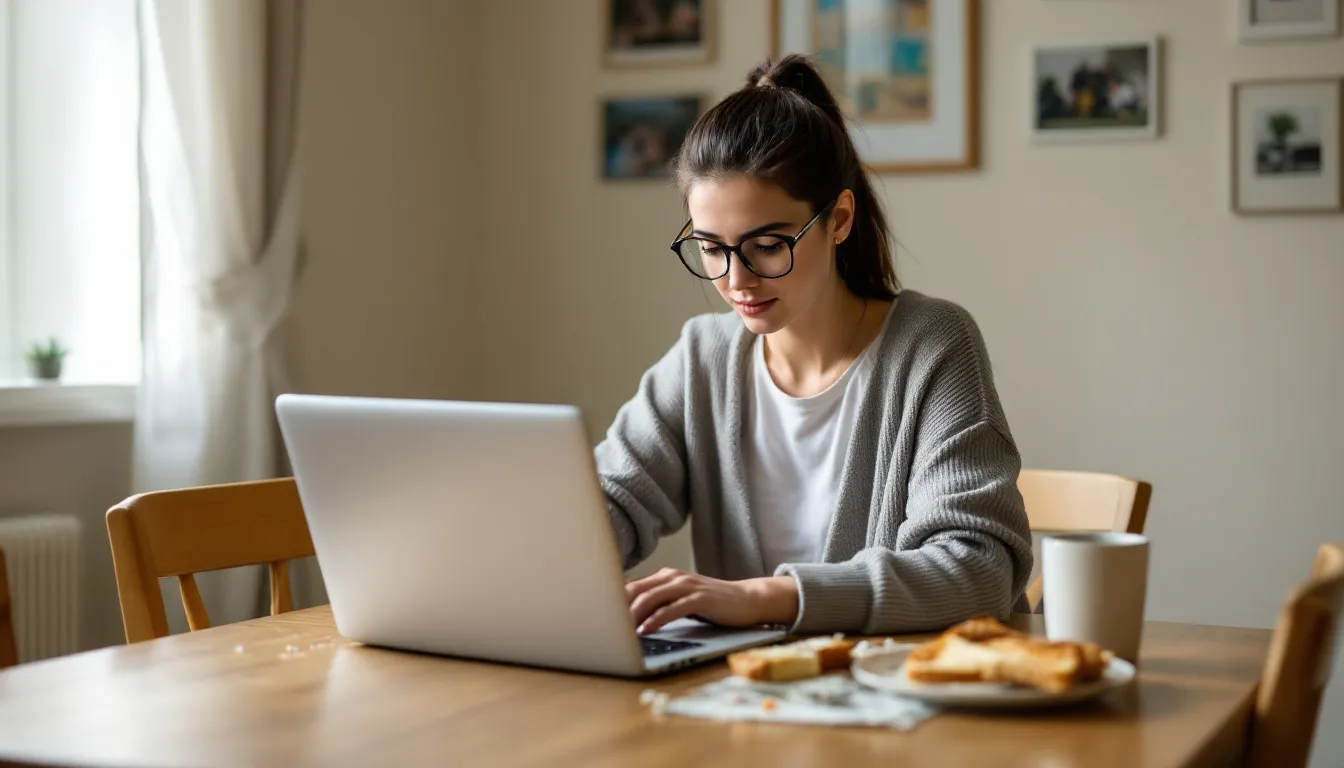 A young lady is seated at a dining room table, focused on her laptop as she works on creating her own website. The scene captures her in a cozy environment, highlighting the ease of using a free website builder to develop an online presence.